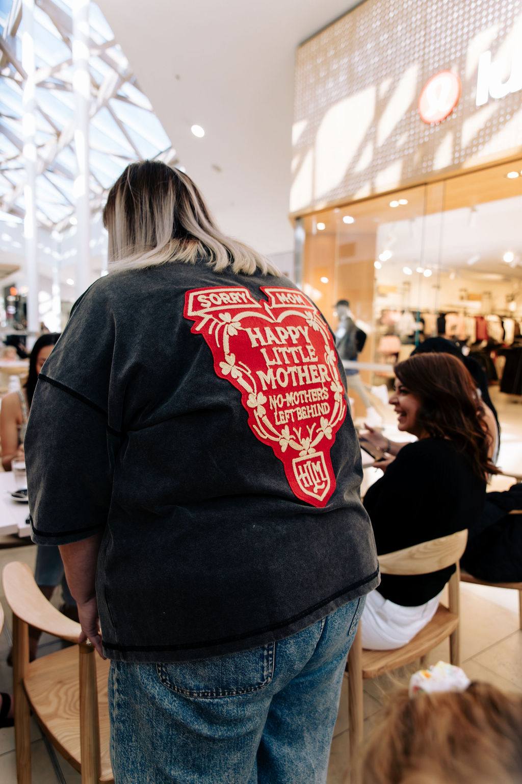 Sandra at an Adelaide event in her Happy Little Mother jacket: no mothers left behind